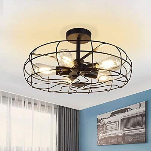 Imagem de Luz do teto industrial de Depuley 5-Light, 19 Polegadas Farmhouse Semi Flush Mount Chandelier, Luminária de Teto da Gaiola de Metal Rústico, Retro Preto Perto da Iluminação do Teto para Quarto da Sala de Jantar da Cozinha