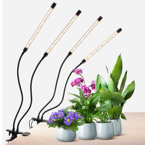 Imagem de Luzes de plantas GROWSTAR para cultivo interno, lâmpadas de cultivo com clipe de 4 cabeças de espectro completo com cabos de 10 pés para plantas domésticas, tempo de ativação automática de 3 a 9 12 horas (pacote com 2)