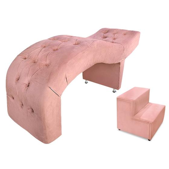 Imagem de Maca para Estética Luxo Capitonê Inclinada com Escada Veludo Rosa Ísis Decor