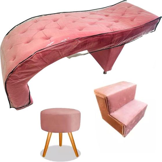 Imagem de Maca para Estética Luxo Veludo Rosa com Capitone e Capa de Proteção e Escadinha Boutique BK