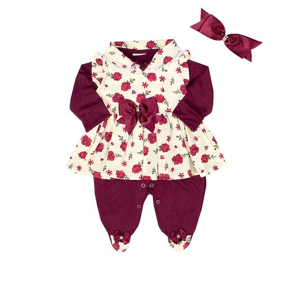 Imagem de Macacão com Vestido e Faixa de Cabelo Floral Marsala 03 Peças