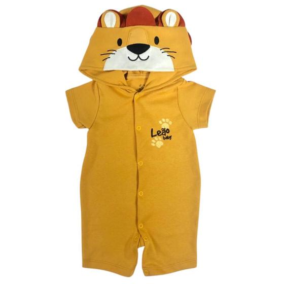 Imagem de Macacão curto fantasia bebê mostarda bordado leão com botões e capuz