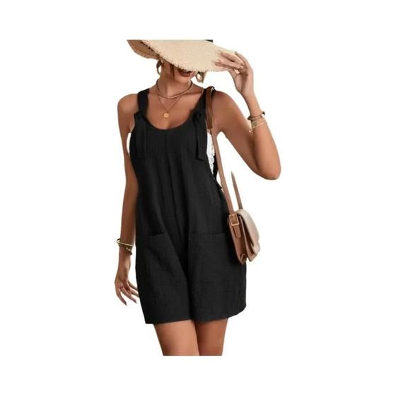 Imagem de Macacão curto feminino casual verão 2024 solto sem mangas gravata nó cinta macacões com bolsos