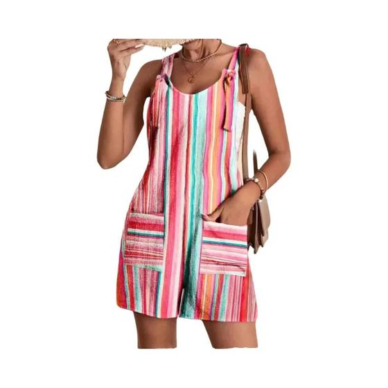 Imagem de Macacão curto feminino casual verão 2024 solto sem mangas gravata nó cinta macacões com bolsos