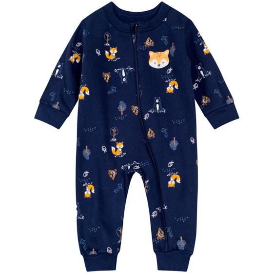Imagem de Macacão de Bebê Moletom Flanelado com Zíper e Aplique Interativo Raposa e Ursinho Azul Marinho Brandili