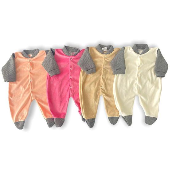 Imagem de Macacão de Bebe Plush Liso Manga Suedine Roupa de Frio Kit 2 Peças RN