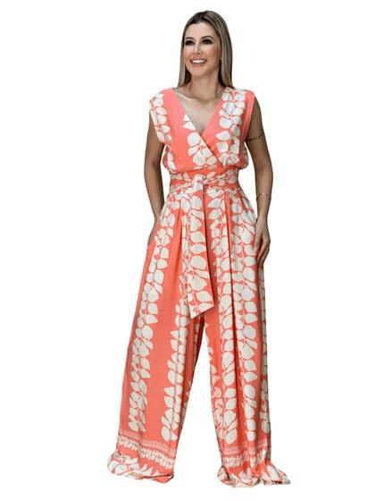 Imagem de Macacão Feminino Estampado Viscolinho Com Faixa Fixa