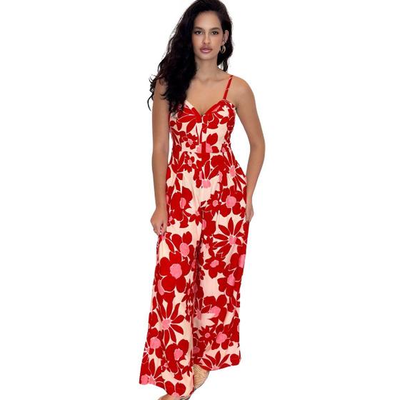 Imagem de Macacão Feminino Longo Pantalona Alcinha Decote V Floral Casual Acinturado Moderno Fresquinho Alcinha Estampado Festa Natal Virada do Ano