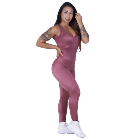 Imagem de Macacão Fitness Feminino Cirrê Brilho Proteção UV50+ Tiras Costas Bojo Orbis Rosê