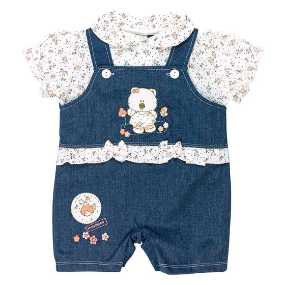 Imagem de Macacão jeans curto creme para bebê bordado e flores