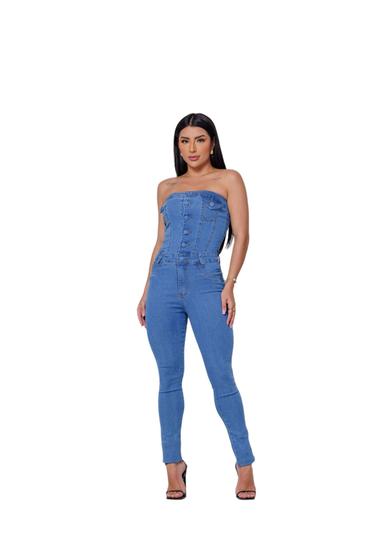 Imagem de Macacao Jeans Jardineira sem alça Moda Feminina