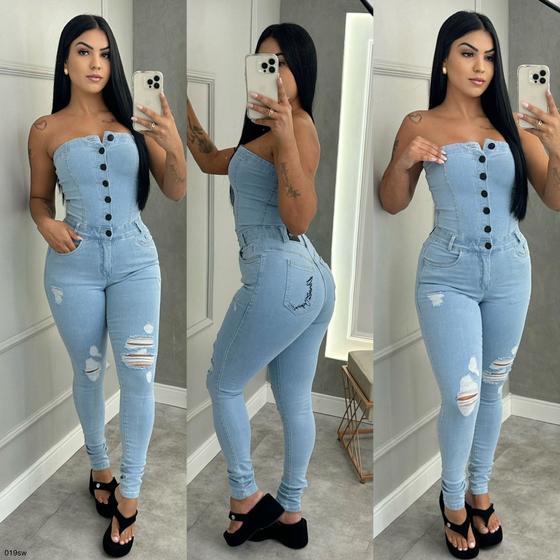 Imagem de Macacão Jeans Longo Sem Alça Com Rasgos Pimenta Doce Original