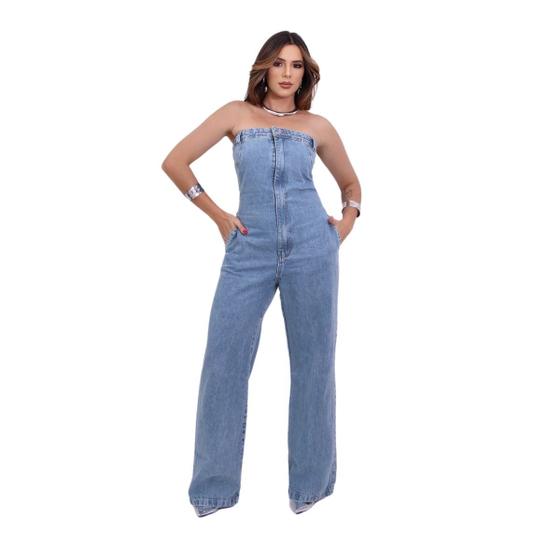 Imagem de Macacão Jeans longo sem alça Wide Leg