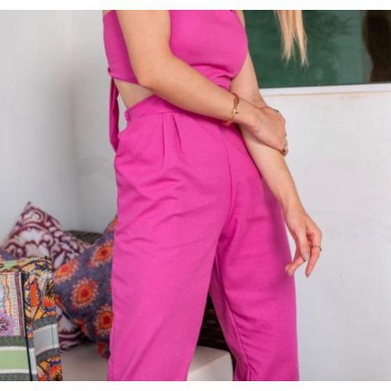 Imagem de Macacão jogger recorte na cintura alça fina laço atrás feminino estilo blogueira