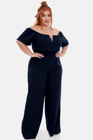 Imagem de Macacão Longo Pantalona Flare Plus Size Ombro a Ombro com Bojo Acinturado Tamanhos Grandes Festa Casual Elegante