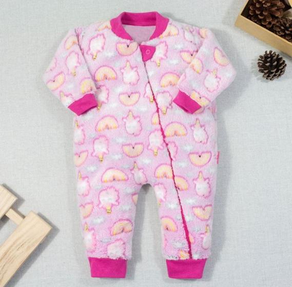 Imagem de Macacão para Bebê de Pelúcia Fleece Longo Zíper Unicórnio Rosa