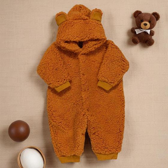 Imagem de Macacão para Bebê de Pelúcia Teddy Com Capuz Tons Variáveis de Caramelo