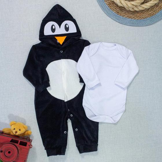 Imagem de Macacão para Bebê em Plush e Body em Suedine Pinguim Preto