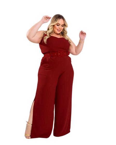 Imagem de Macacão Plus Size Feminino Pantalona Fenda Lateral Com Cinto 0380