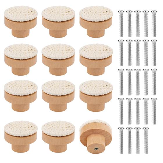 Imagem de Maçanetas de Gaveta Redondas de Madeira e Rattan Boho - Kit com 12 Unidades