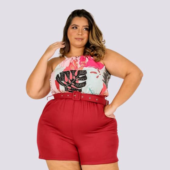 Imagem de Macaquinho Feminino Plus Size Estampado + Liso Cinto 0300