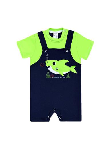 Imagem de Macaquinho Jardineira Bebê Menino Tubarão Azul Marinho e Verde Neon - Brotinhos