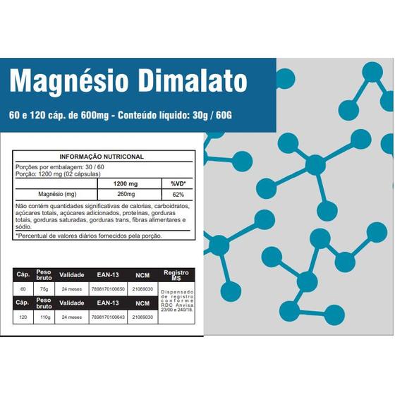 Imagem de Magnesio Di malato 600mg 120 caps Malato  2 frascos x 60 Capsulas 