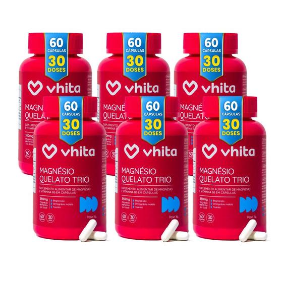 Imagem de Magnésio Dimalato Quelato, Magnésio Taurato e Magnésio Bisglicinato com Vitamina B6 350mg - 6 potes com 60 cápsulas cada, Vhita