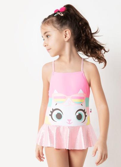 Imagem de Maio Infantil Meninas com Saia Rosa Neon Gatinha FPS50 Puket