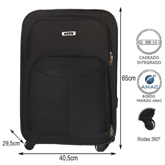 Mala de viagem grande tamanho G nylon Preto rodinhas 360º - Weifo ...