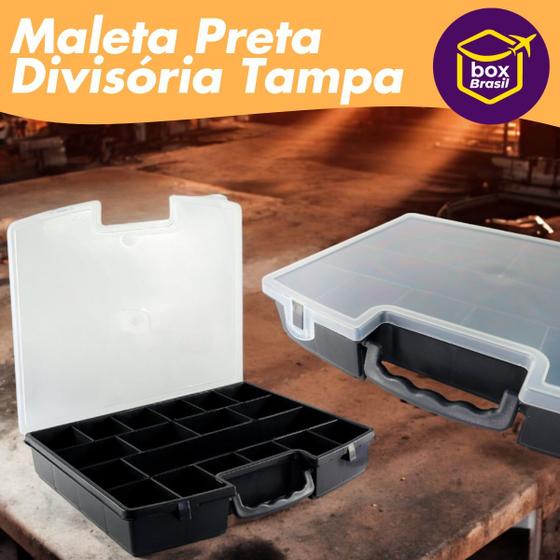 Imagem de Maleta de Ferramenta Preta com Tampa Transparente Oficina Mecânico Casa Ateliê Eletricista Organizadora Multiuso