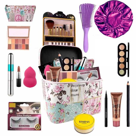 Maleta de Maquiagem + Cortesias escova polvo touca de cetim - Pele Parda - Bazar na Web Imagem de Maleta de Maquiagem + Cortesias escova polvo touca de cetim - Pele Parda
