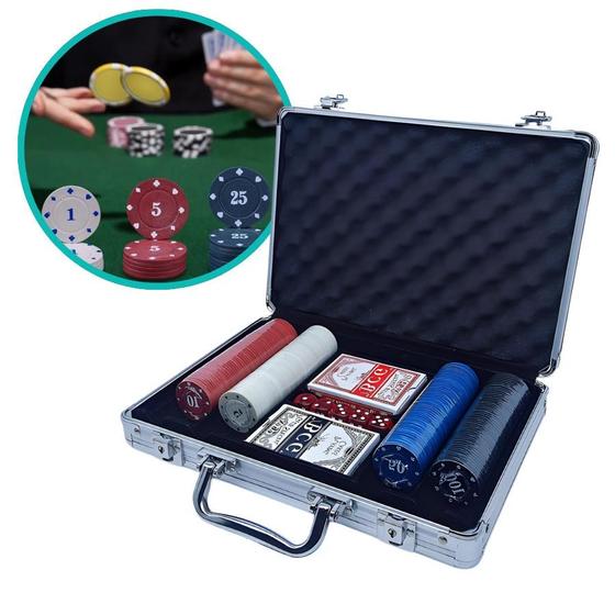 Imagem de Maleta De Poker 20 Fichas Numeradas 2 Cartas De Baralho E 5 Dados 30cm Resistente