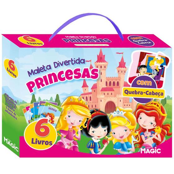 Imagem de Maleta divertida princesas com 6 livros 8 paginas 18,5x13,5cm + quebra cabeca 9 pecas 17x16cm