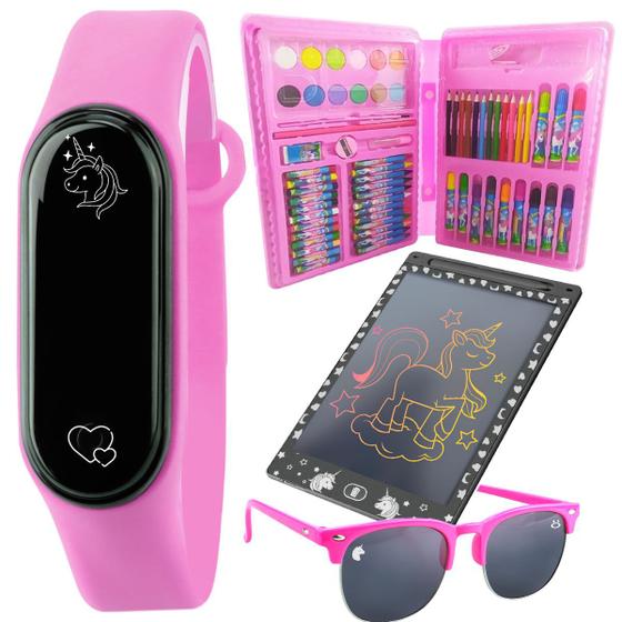 Imagem de Maleta escolar + relogio digital + lousa magica LED + oculos rosa regua lapis cor apontador presente