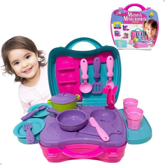 Imagem de Maleta Infantil Menina Kit Com Panelinhas Fogão Pia 12 Acessórios