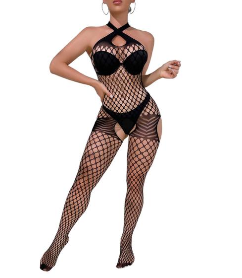 Imagem de Malha sexy feminina Bodystocking SINROYEE, arrastão preta