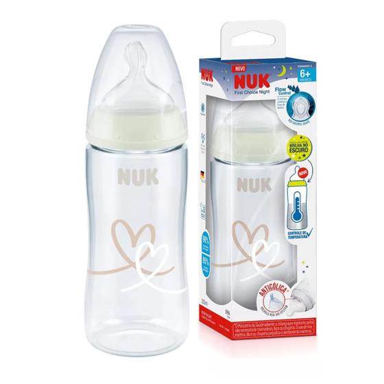 Imagem de Mamadeira First Choice Nuk Brilha no Escuro 300ml Fase 2 Bebê Bege Flow Control para Todos os Líquidos