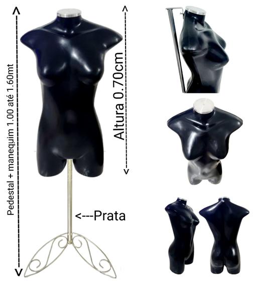 Imagem de Manequim feminino adulto (meio corpo jó n.36) preto com tampa + pedestal retro na cor prata.