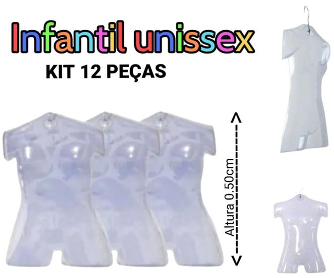 Imagem de Manequim infantil (Cabide silhueta unissex) transparente com gancho de metal , kit 12 peças.