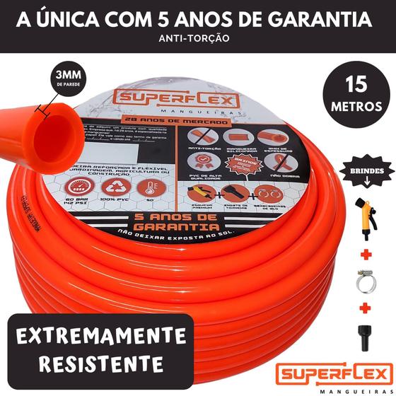 Imagem de Mangueira 15 Metros Antitorção SuperFlex Ultra 1/2" x 3MM - 5 Anos de Garantia