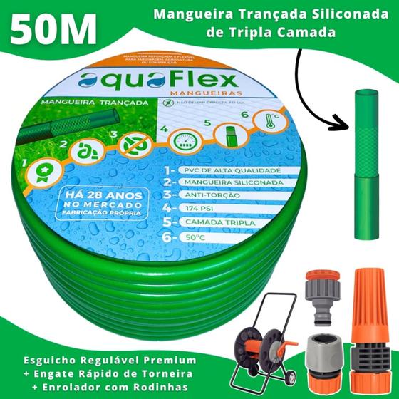Imagem de Mangueira Antitorção AquaFlex Verde 50 Metro + Carrinho Enrolador