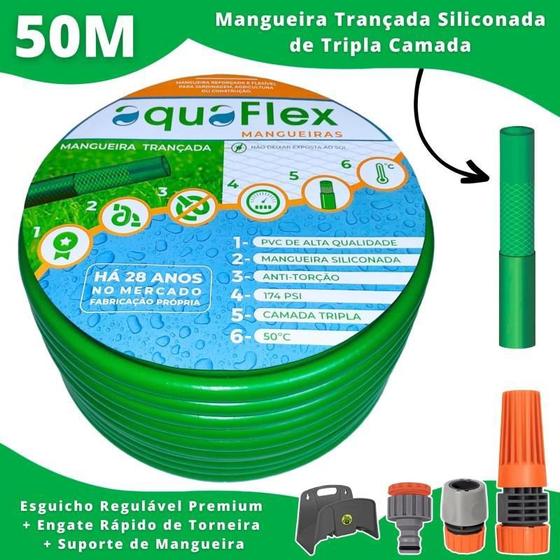 Imagem de Mangueira AquaFlex 50m - PVC Tripla Camada, Engate e Esguicho