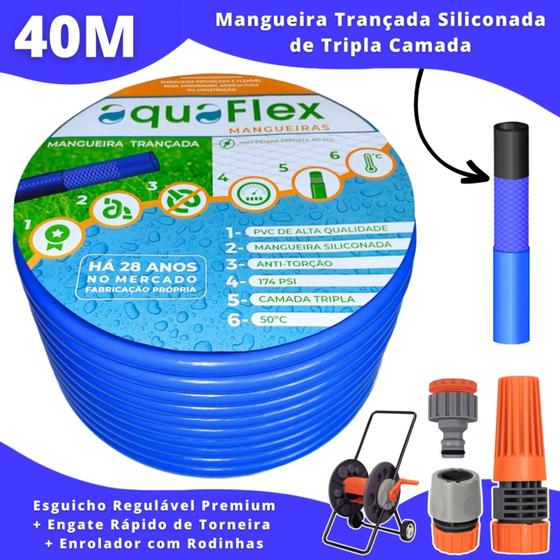 Imagem de Mangueira AquaFlex Azul Não Dobra 40 M. + Carrinho Enrolador