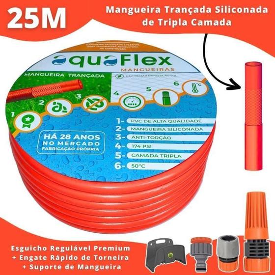 Imagem de Mangueira AquaFlex Laranja 25m + Esguicho e Kit Engate