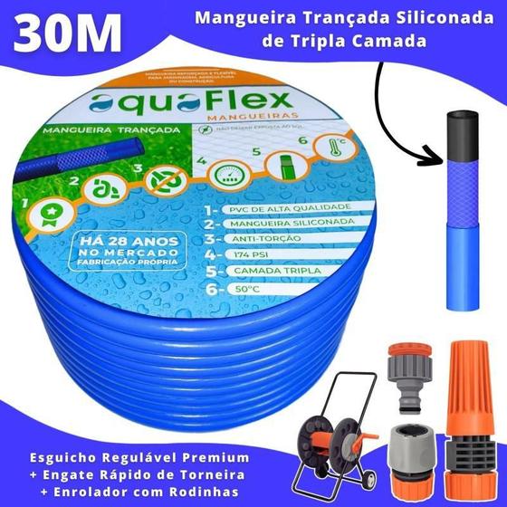 Imagem de Mangueira AquaFlex ul 30m + Esguicho Premium e Kit Engate