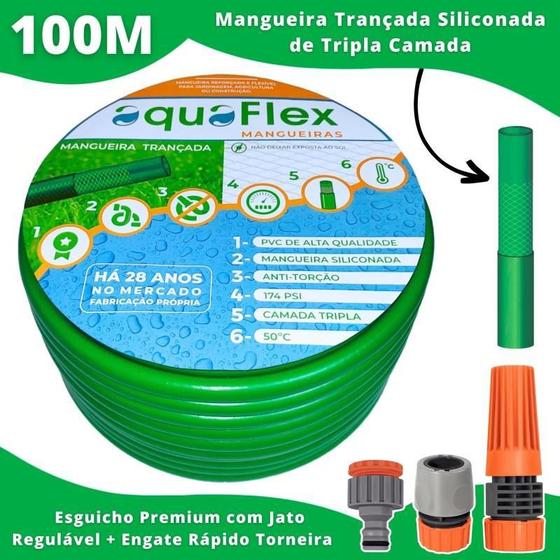 Imagem de Mangueira AquaFlex Verde 100m - Flexível - Kit Engate Rápido