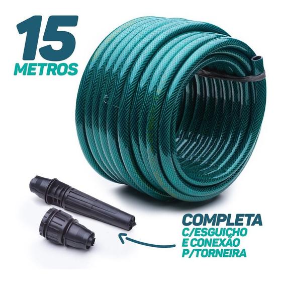 Imagem de Mangueira De Jardim 15 Metros Trançada C/ Esguicho E Conexão Jardinagem Resistente Portátil