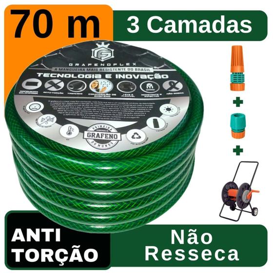 Mangueira de Jardim 70 Mts com Carrinho Enrolador - GrafenoFlex Verde Menor preço em Mangueira de Jardim 70 Mts com Carrinho Enrolador - GrafenoFlex Verde