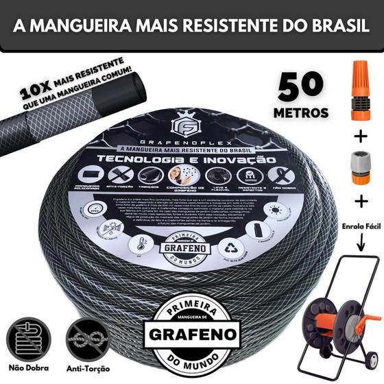 Imagem de Mangueira de Jardim Ultra Resistente 50 Metros com Carrinho Enrolador - GrafenoFlex Grafitte